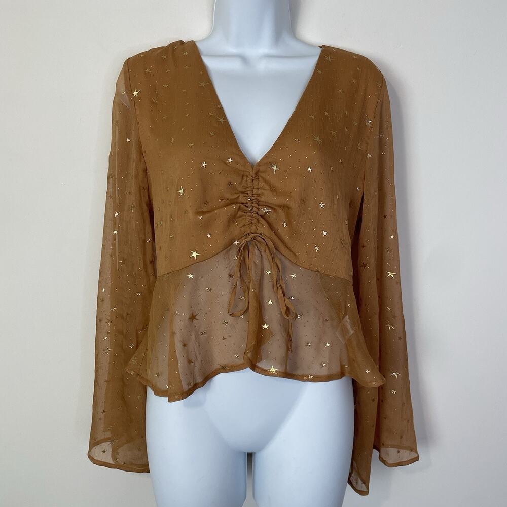 Lulus Alizon Gold and Tan Sheer Star Print Chiffon Top Boho Celestial Festival